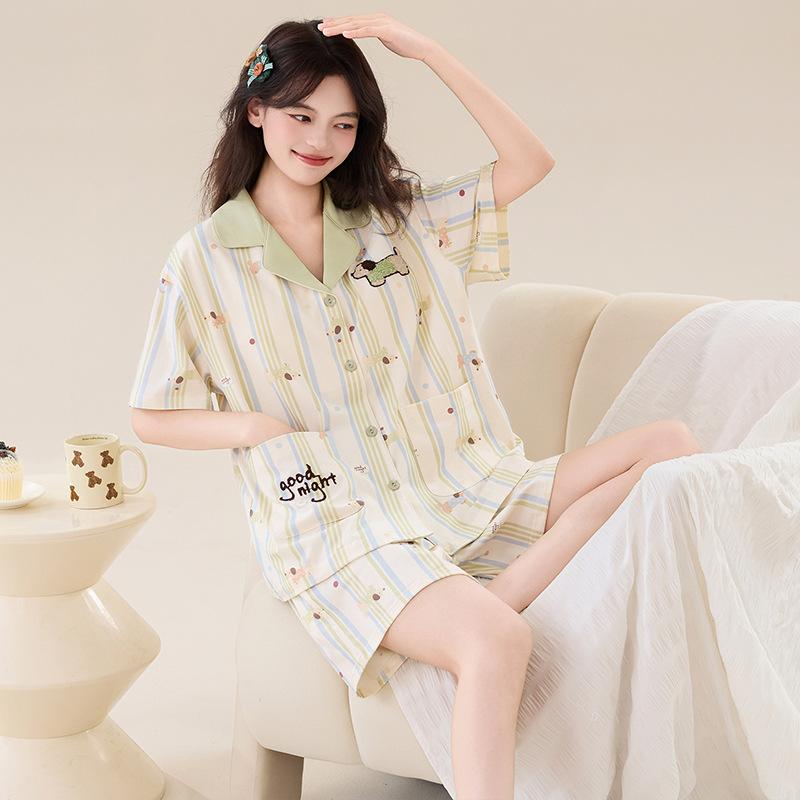 1A antibacterial pure cotton pajamas women's summer with chest pads, short sleeves, plus size 50kg girls' loungewear three-piece set