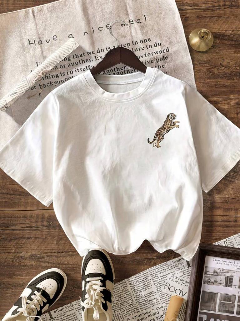 2026 Summer Oversized Vintage Washed  Women T-shirt Retro Linocut Wild Tiger Boho Graphic Print All-match Street Vacation Gift Casual Tops