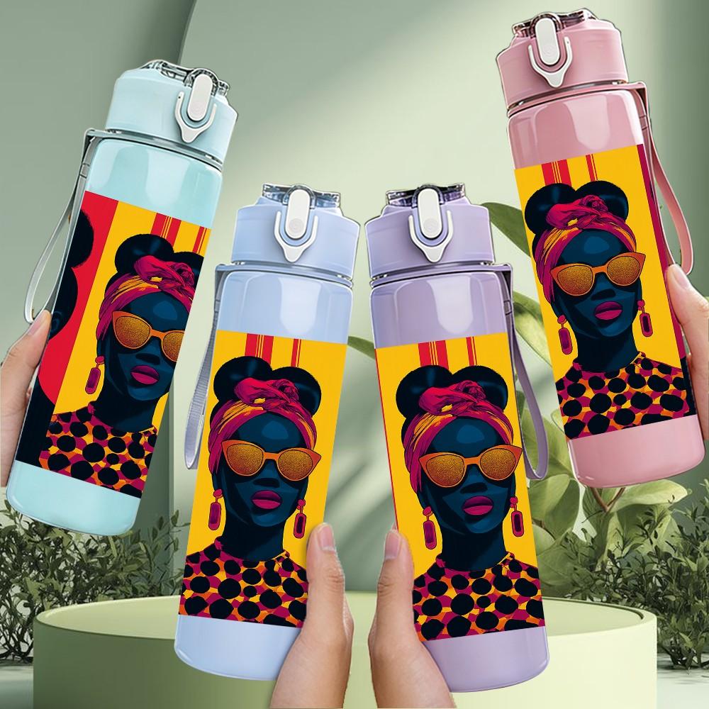 1PC Three Black Women Ethnic Art Print 750ml Color Plastic Sports Water Bottle Leakproof Flip Straw Lid Suitable for Sports Office Home Use