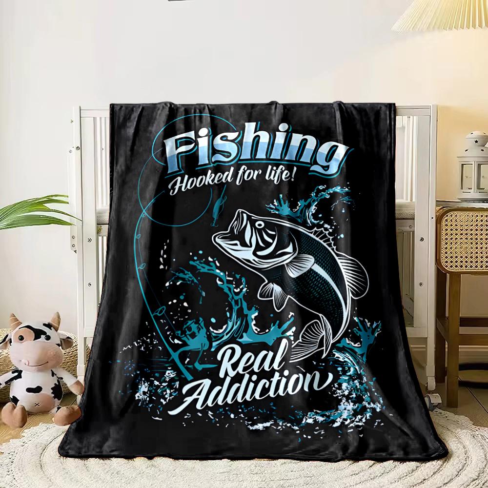 Fishing Design with Bass and "Real Addiction" Text, Flannel blanket for bedroom, living room, sofa, and nap sofas.