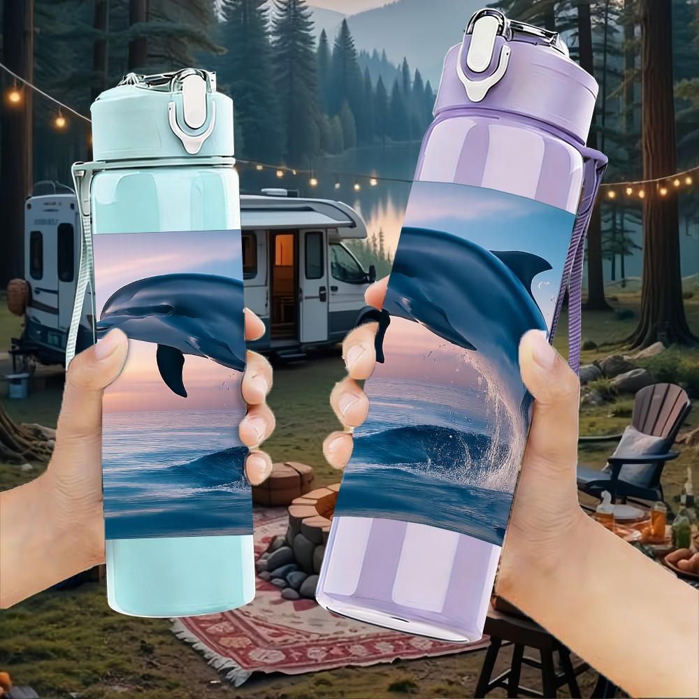 1PC Jumping Dolphin Ocean Wave Print 750ml Color Plastic Sports Water Bottle Leakproof Flip Straw Lid Suitable for Sports Office Home Use