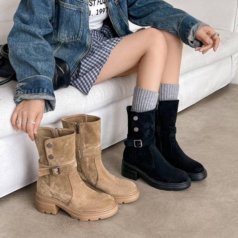 New versatile leather Martin boots solid color sleeve thick bottom non-slip comfortable large size women's boots round head medium boots women's