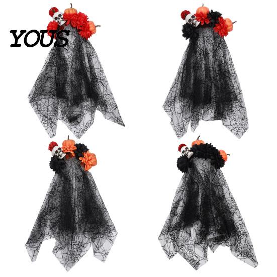 Halloween Party Hair Accessory Pumpkin Skull Floral Headband, Stable Hoop with 3D Artificial Costume Headband Flowers And Spiderweb Black Gauze Gothic
