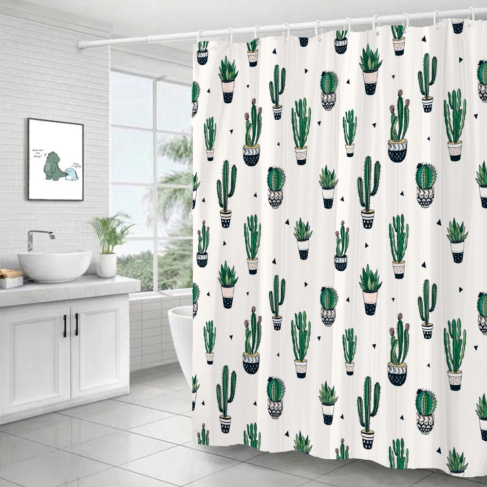 Tropical Plant Cactus Shower Curtain 180Cm *180Cm With Hooks, Floral Waterproof Shower Curtain, Shower Curtains For Bathroom