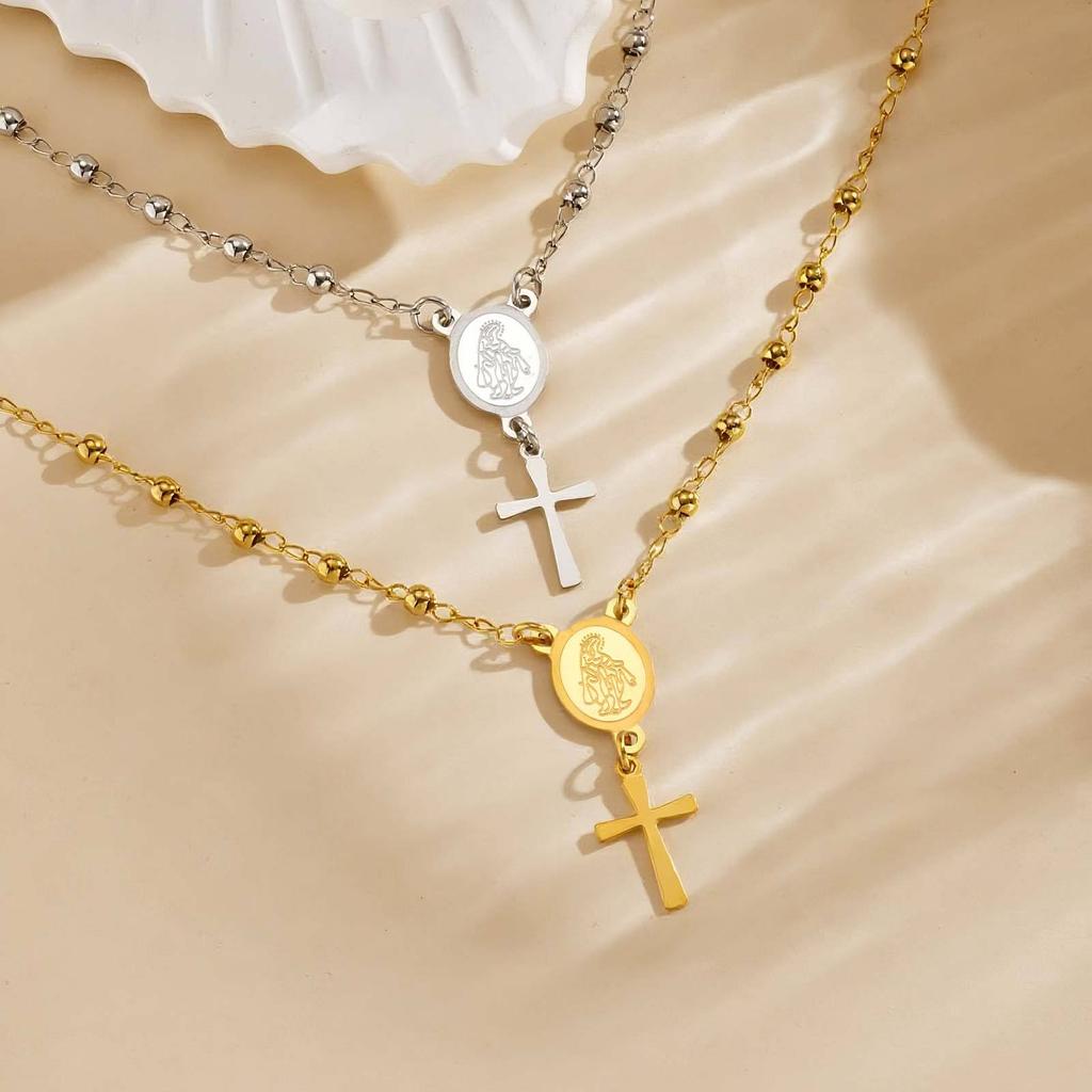 Fashion Stainless Steel Bead Chain Notre Dame Cross Bracelet Women 2234