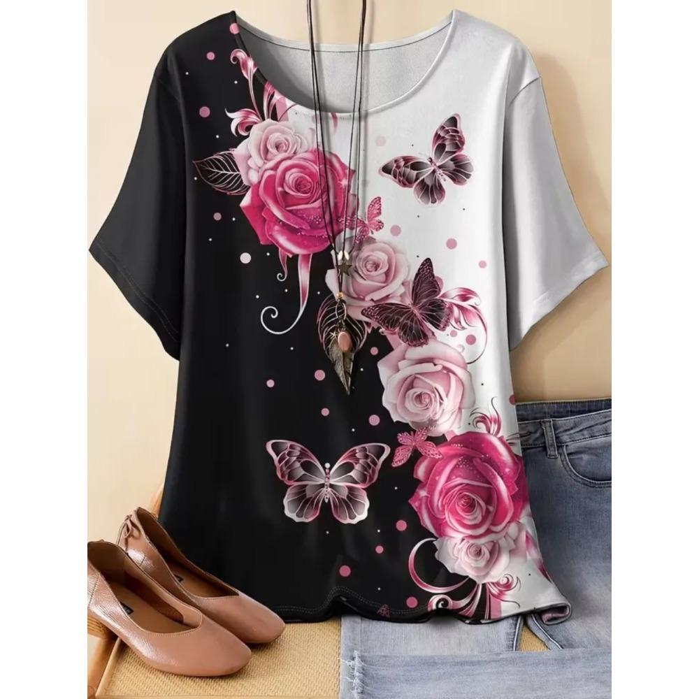 Beautiful Retro Colorful Butterfly Flowers 3D Printed Short Sleeved T-shirt Fashionable Comfortable Soft Breathable Large Loose Summer Womens T-shirt