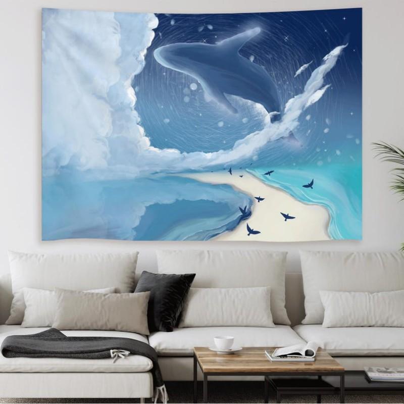 Dreamy Whale Ocean Tapestry Polyester Wall Hanging Aesthetic Beach Landscape Tapestry for Bedroom Room Decoration 100X70CM