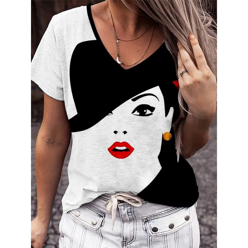 Cartoon Ladies V-neck T-shirt Summer Outdoor Casual Short Sleeve Tops 3D Character Printing