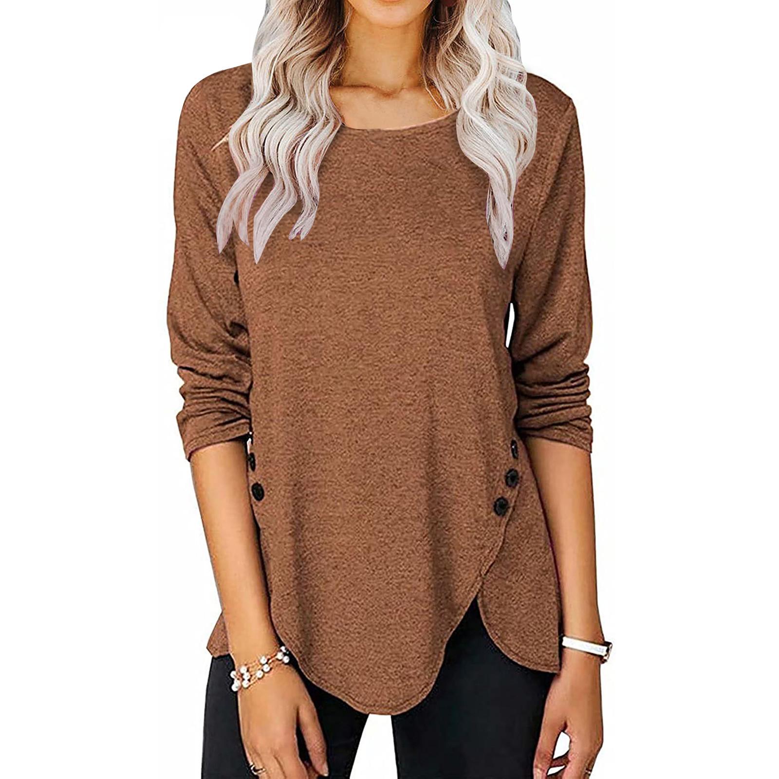 Women Casual Fashion Color Button Long-sleeved T-shirt Women s Top S хаки