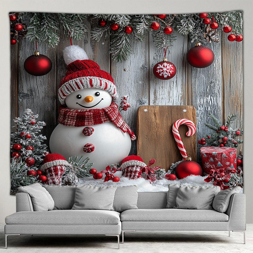Cute Snowman Christmas Tapestry Xmas Tree Gifts Red Curtains Window Winter Scenery New Year Home Living Room Decor Wall Hanging