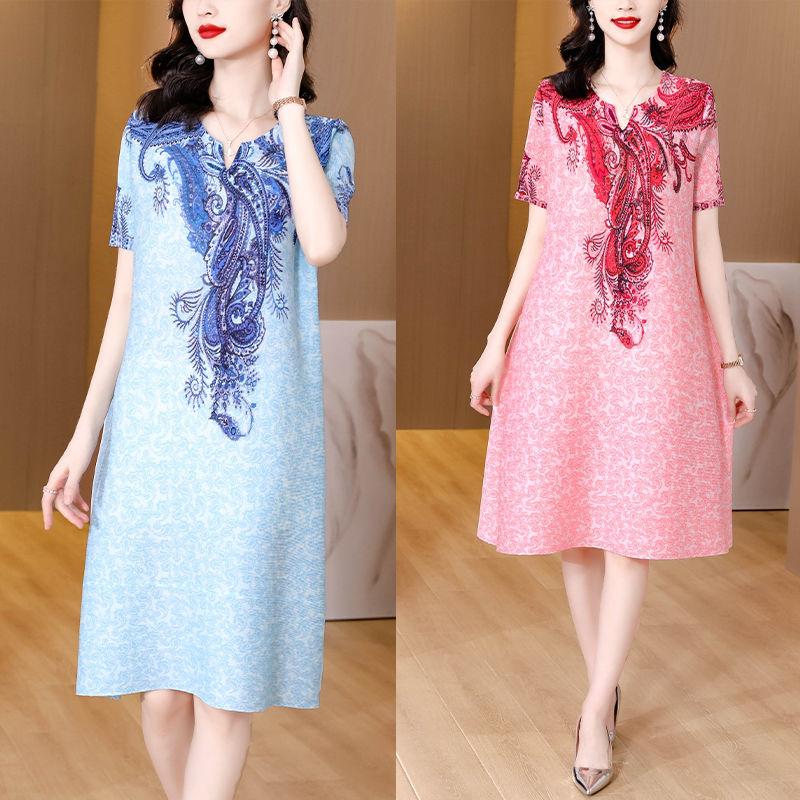 Vestido de verano plegable para mujer, novedad de 2022, de gama alta, holgado, con cuello de pico, manga corta, estampado informal, fino