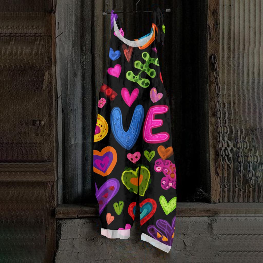 Women's Heart,shaped Printed Casual Loose Retro Overalls Cotton and Linen One,piece Pants
