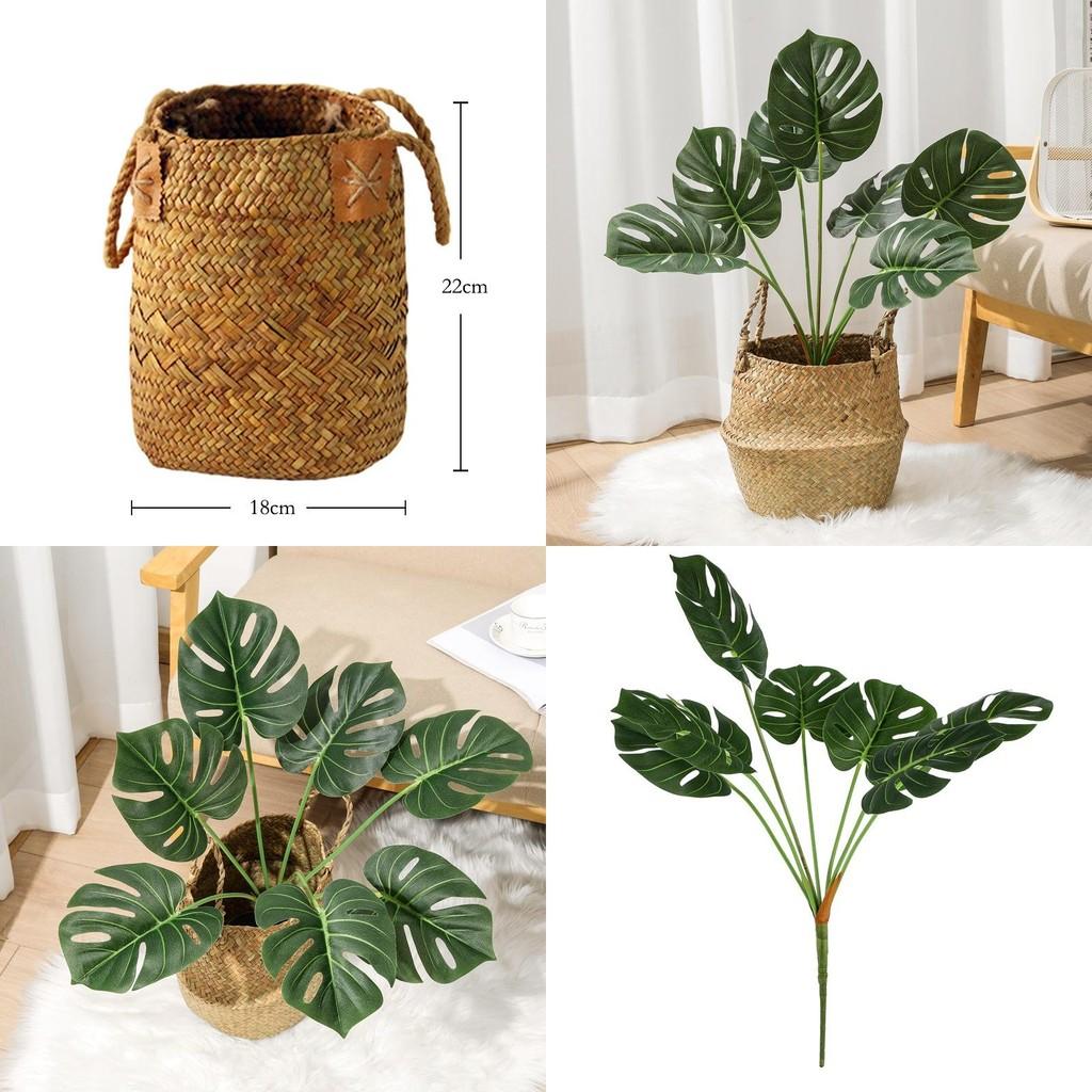 Artificial Monstera Deliciosa Liebm Leaf Plant For Living Room Decor With Handmade Seaweed Basket