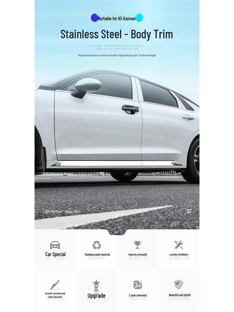 Tira de Acabamento de Porta de Aço Inoxidável Brilhante para Modificação da Carroceria do Carro K5 2020