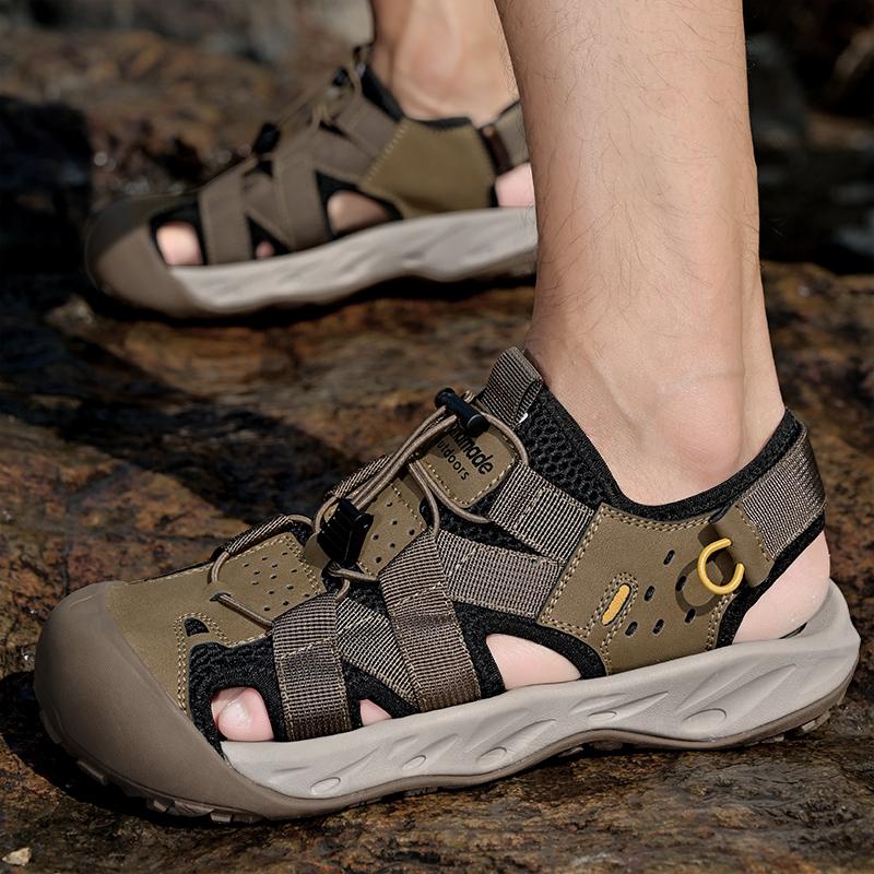 Letní pánské duté kožené plážové sandály s čepicí na špičku venkovní sportovní boty ručně vyráběné síťované boty