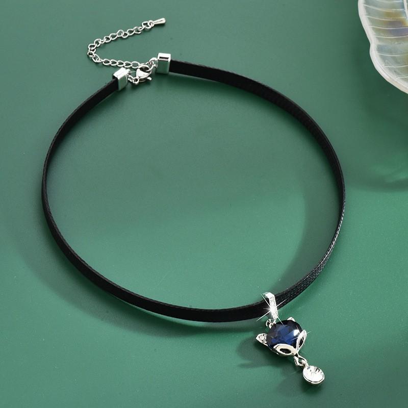 Black Velvet Cord Choker, Adjustable Blue Rhinestone Fox Pendant Unique Neck Jewelry