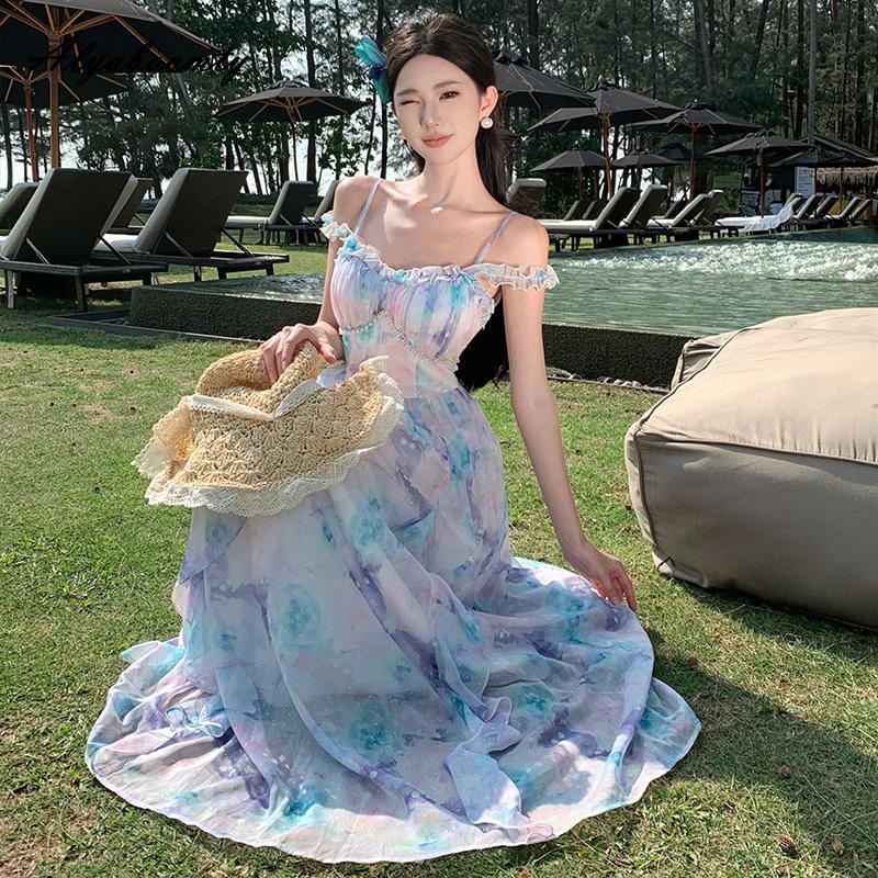 Summer Women Fairy Beach Midi Dress Suspenders Print Romantic Ruffles Holiday Dress Feminine Sweet Chic Sleeveless Dress