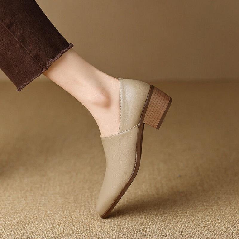 Fashion 2025 Spring New High Heels Women's Coarse Heels Pointed Shallow Mouth Single Shoes Soft Leather Thick Soled High Heels