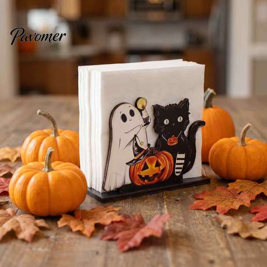 Unique Holiday Kitchen Decor Happy Halloween Wooden Napkin Holder, Cute Ghost Pumpkin Black Cat Tissue Holder for Paper Dispenser, Vertical