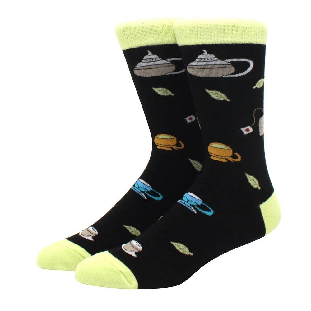 1 Pair Men's Fun Hip Hop Skateboard Beer Happy Art Print Mid Socks, EU38-46