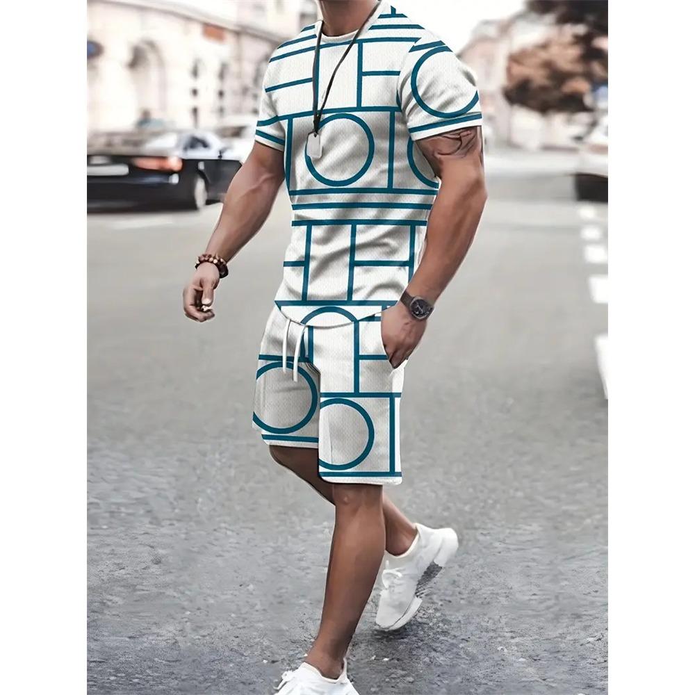 Summer Fashion Men's Patch Printed Short Sleeved Shorts Set, Outdoor Sports Breathable Short Sleeved Elastic Drawstring Shorts