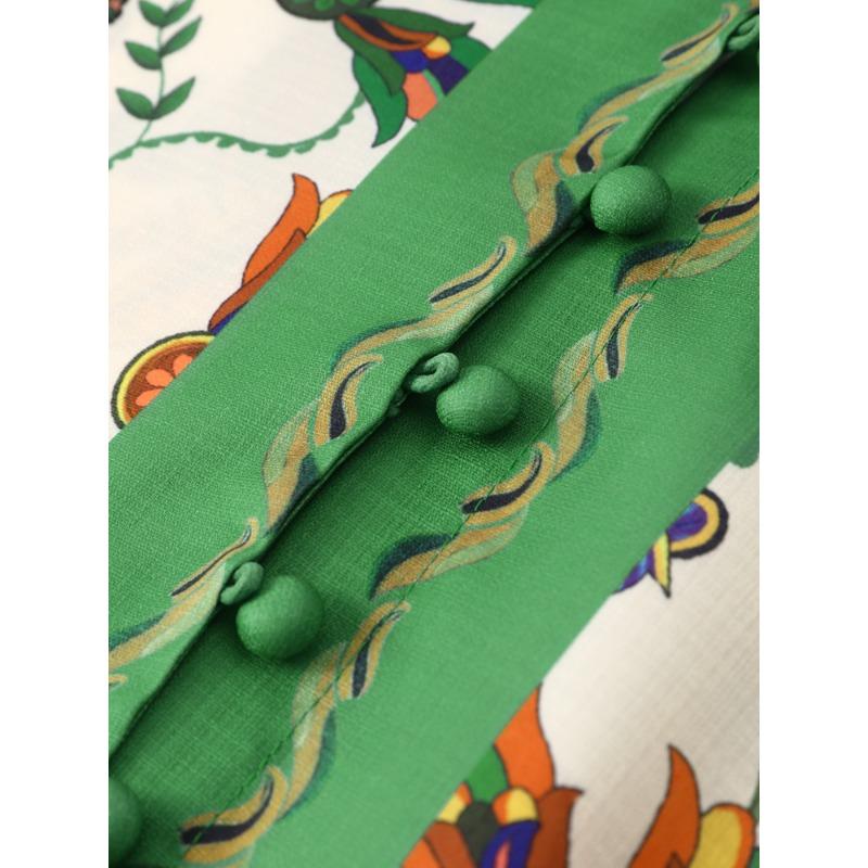 New Printed Lapel Dress Casual Peacock Flower Printed Mini Pleated Dress Women Long Lantern Sleeve Fashion Holiday Dresses Summer Loose Robe