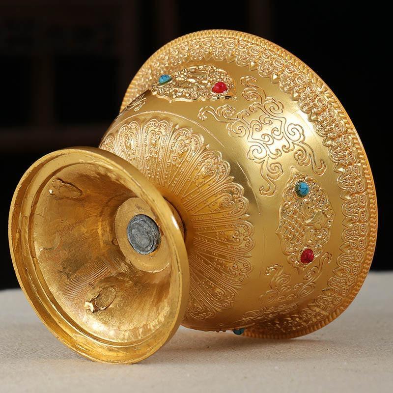 Tibetan Embossed Buddha Bowl Handicraft Inlaid Gem Zinc Alloy Gold Holy Water Cup Tantric Bowl Indoor Altars Desktop Decorative