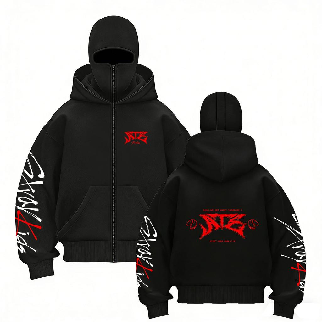 Stray Kids Skz Harajuku Printed Stray Kids Double Hood Zip-Up, Harajuku Print SKZ Hoodie for STAY Two-hat Zip-up Shirt for Men and Women