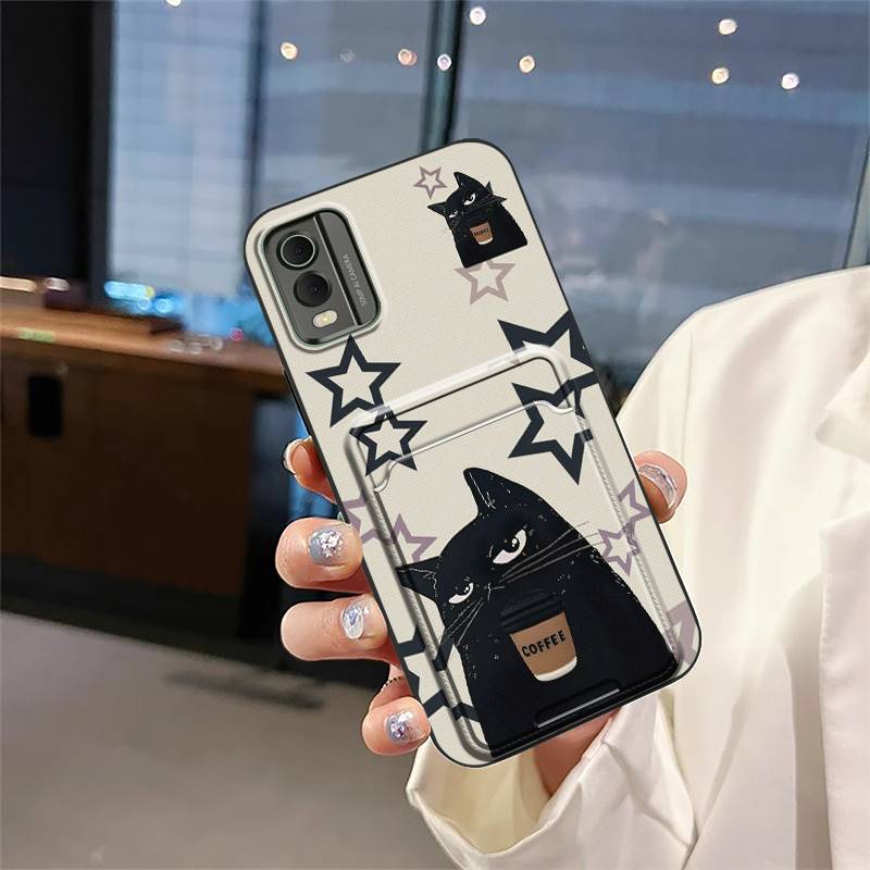 Cute Cover Phone Case For Nokia C32 Soft Case Card Slot Card Sleeve Back Cover Silicone Card Bag Anti-dust Graffiti TPU