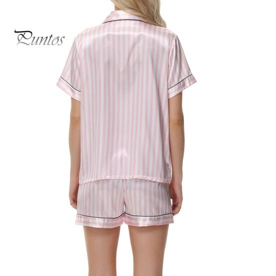 2 Pçs/Conjunto Mulheres Camisa Shorts Terno Plus Size Lapela Mangas Curtas Cetim Listrado Contraste Cor Top Cintura Elástica Calças Curtas Homewear Loungewear