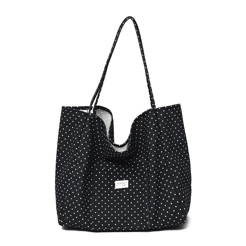 Large Capacity Canvas Tote Bag for Women Polka Dot Student School Commuting Korean Style Literary Shoulder Bag