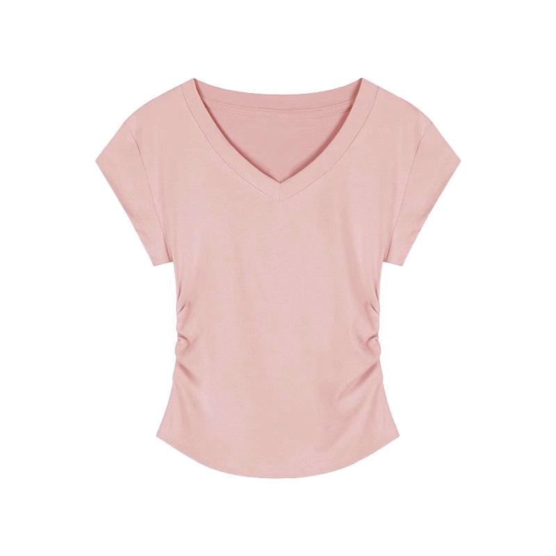 IZNK Women's Slim Fit V-Neck Pleated T-Shirt - Short-Sleeved, Summer 2025 Edition