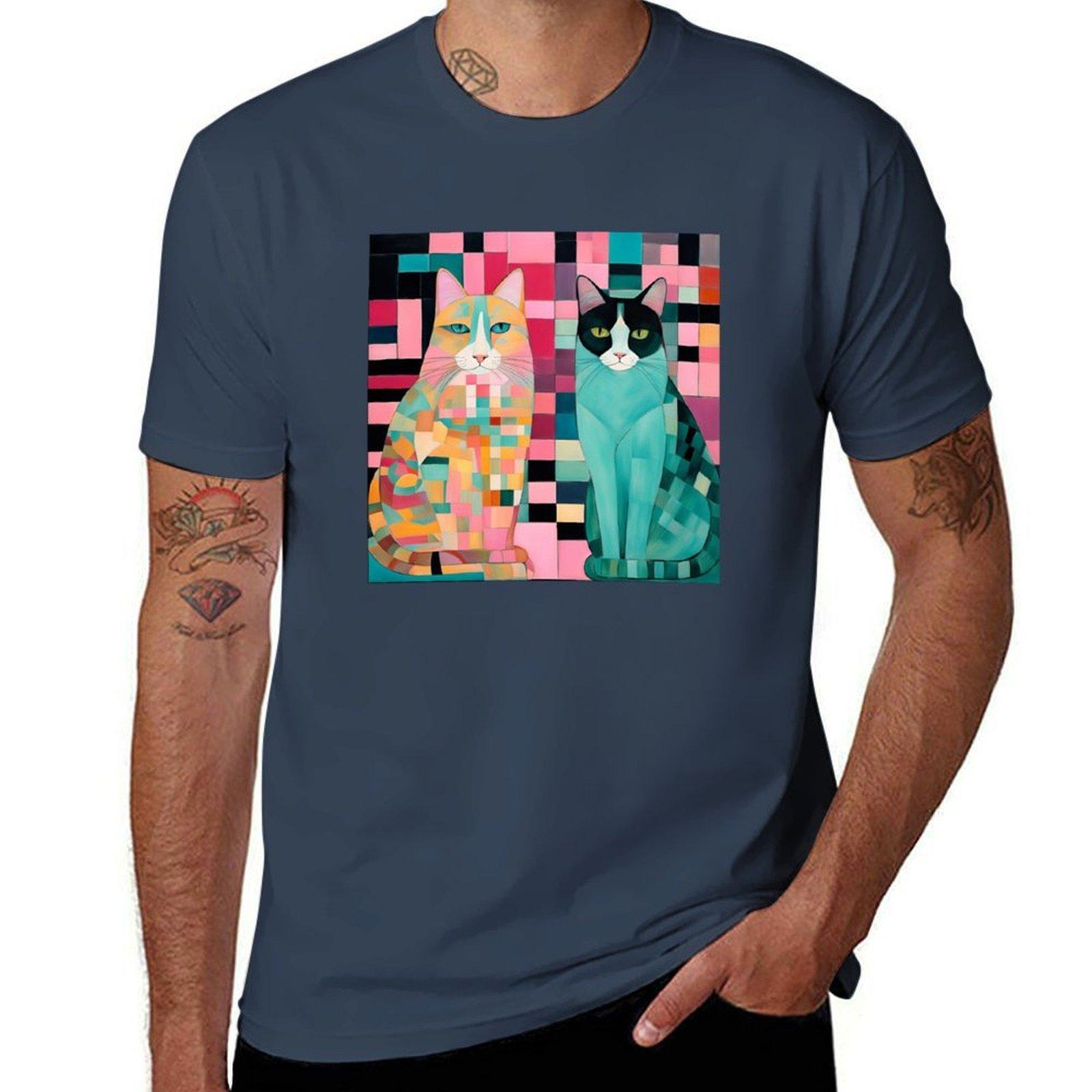 Beautiful cats on a checkerboard background in shades of turquoise and pink TShirt Comfortable Daily Wear Tee S