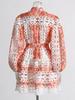 Hit Color Hollow Out Printing Mini Dresses Lapel Long Sleeve High Waist Patchwork Lace Up Dress