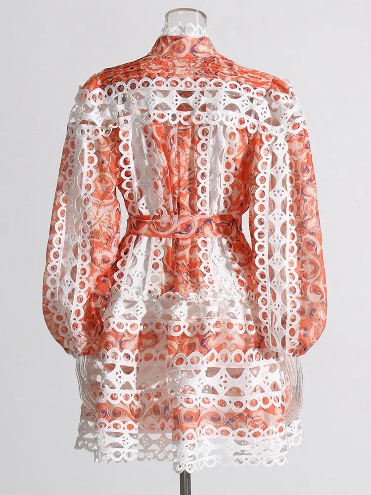 Hit Color Hollow Out Printing Mini Dresses Lapel Long Sleeve High Waist Patchwork Lace Up Dress