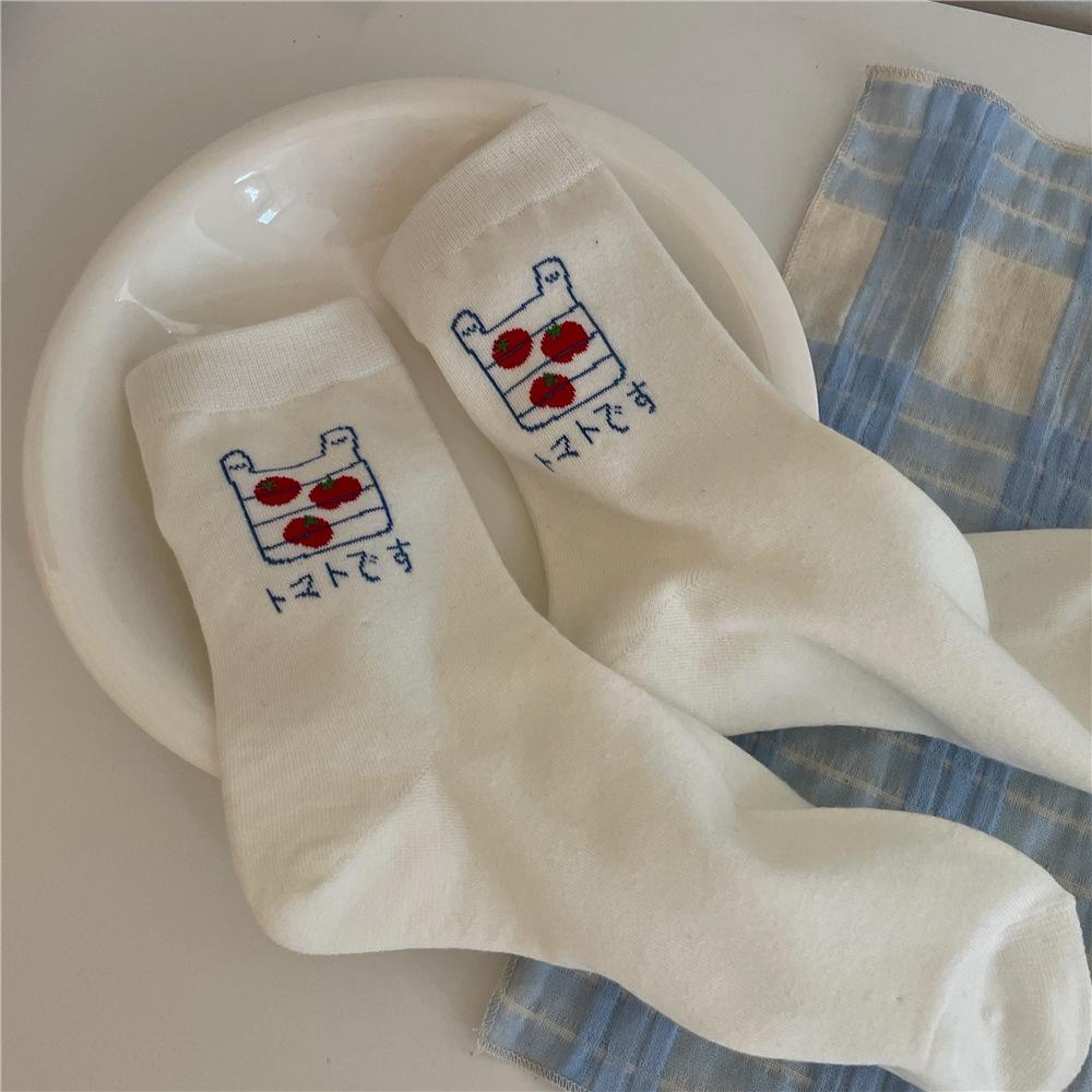 Japanese Academy Style Mid-Calf Tomato Cartoon Socks - Trendy Women s Spring & Summer Thin Socks One Size