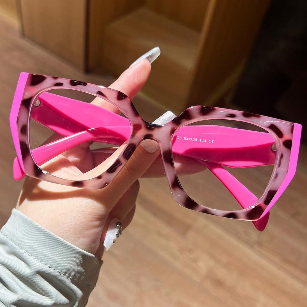 1Pc Women's Fashionable Plain Glasses New Style Elegant Large Frame Personality Patchwork Leopard Print Design Trendy Christmas