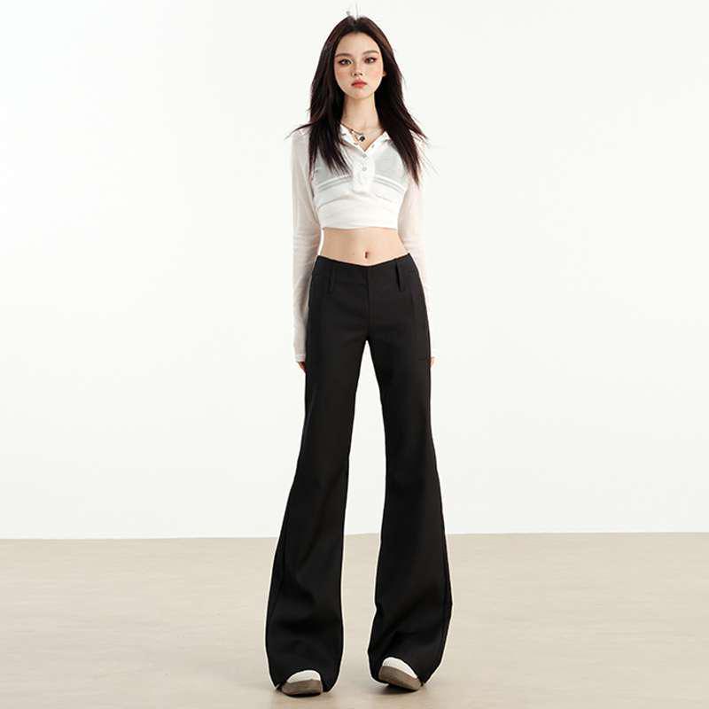 Black Pleated Low-Waist Retro Slimming Micro-Flare Pants for Women XL