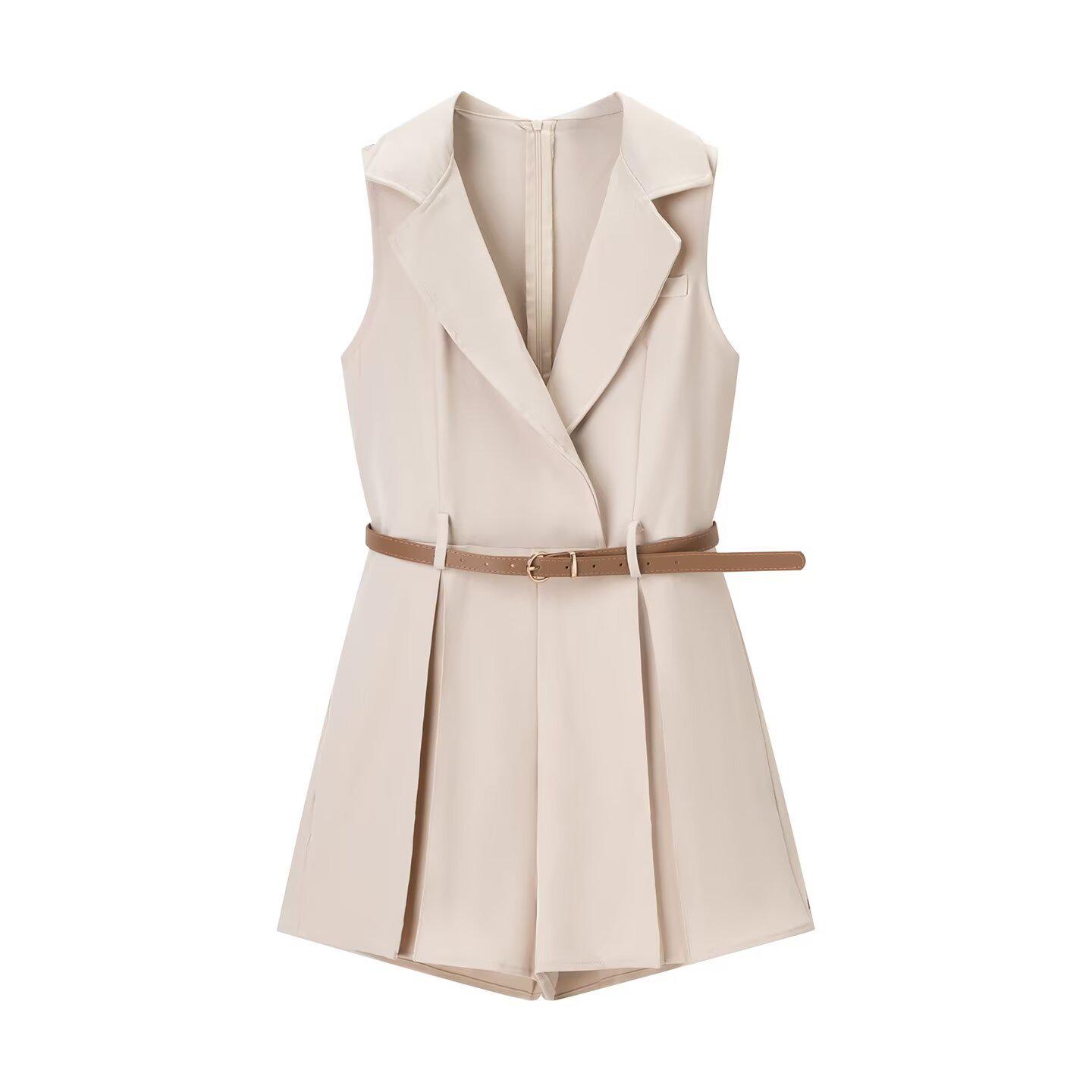 

2025 Women s European Style Sleeveless Lapel Jumpsuit with Belt Medium