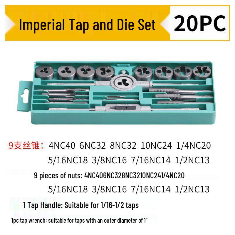 High-Speed Steel Taps & Dies Set: 5, 6, 7, 9-Piece with Tap Wrench and Threading Drill Bits.