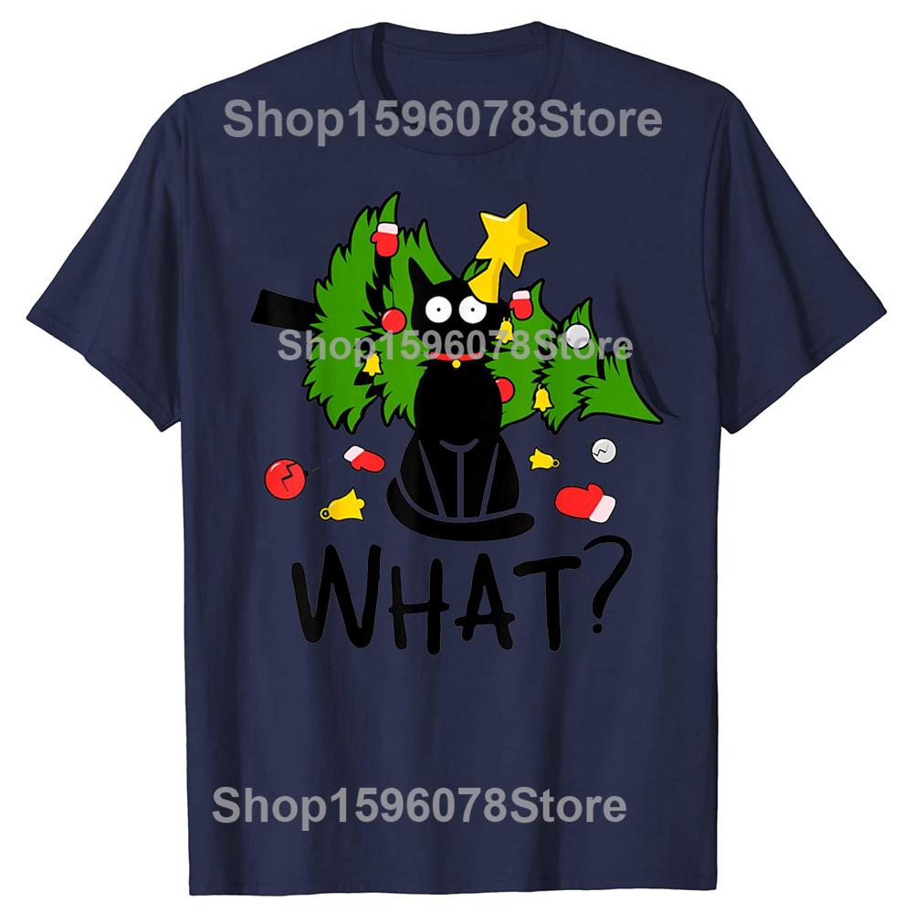 Funny Black Cat Christmas Tree Merry Xmas Humor Cat What Tshirts Men Fashion Cotton Oversized Crewneck Collar Hip Hop T Shirt