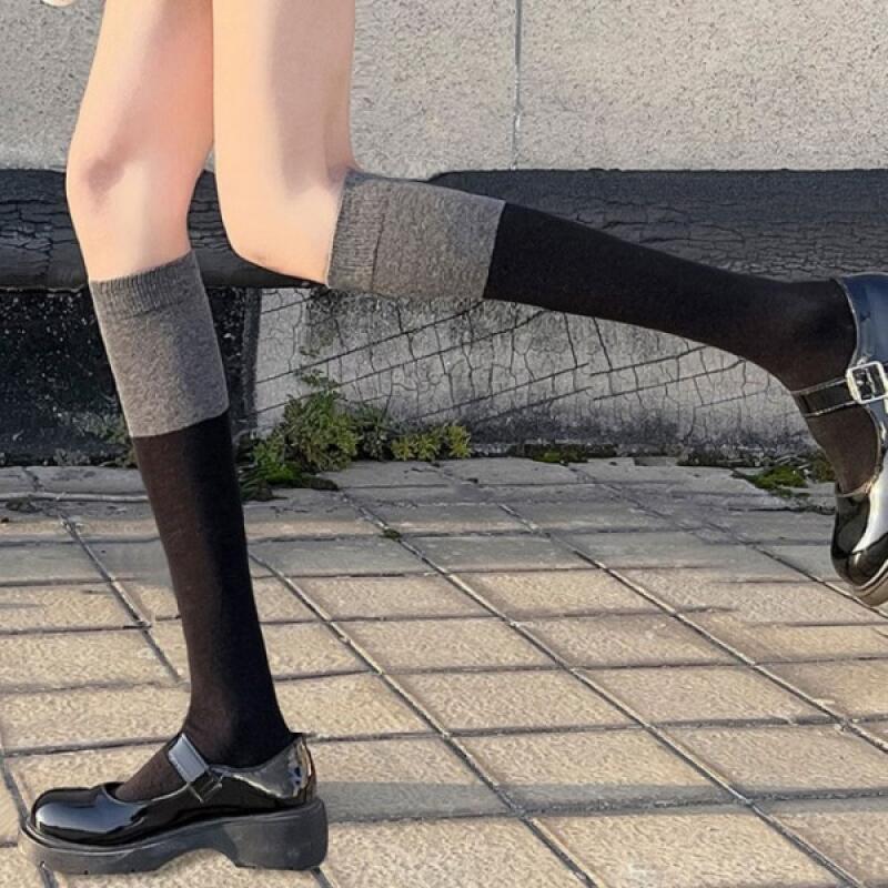 Two-tone over-the-knee socks, knee socks, fashion socks, long socks Black gray