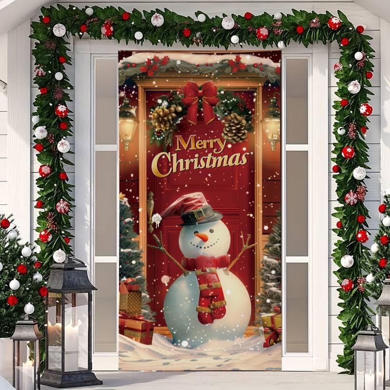1 Buc Banner Husă Ușă Crăciun Fericit Poliester Om de Zăpadă Model Brad de Crăciun Alb pentru Ajun Anul Nou Petrecere de Sărbători Ușă Față Decor Acasă Perete