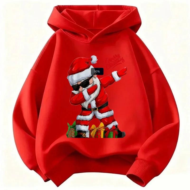 Fun festive hooded sweatshirt for kids,cool Santa art print with Merry Christmas lettering, skin-friendly fabric, easy matching for holiday occasions.