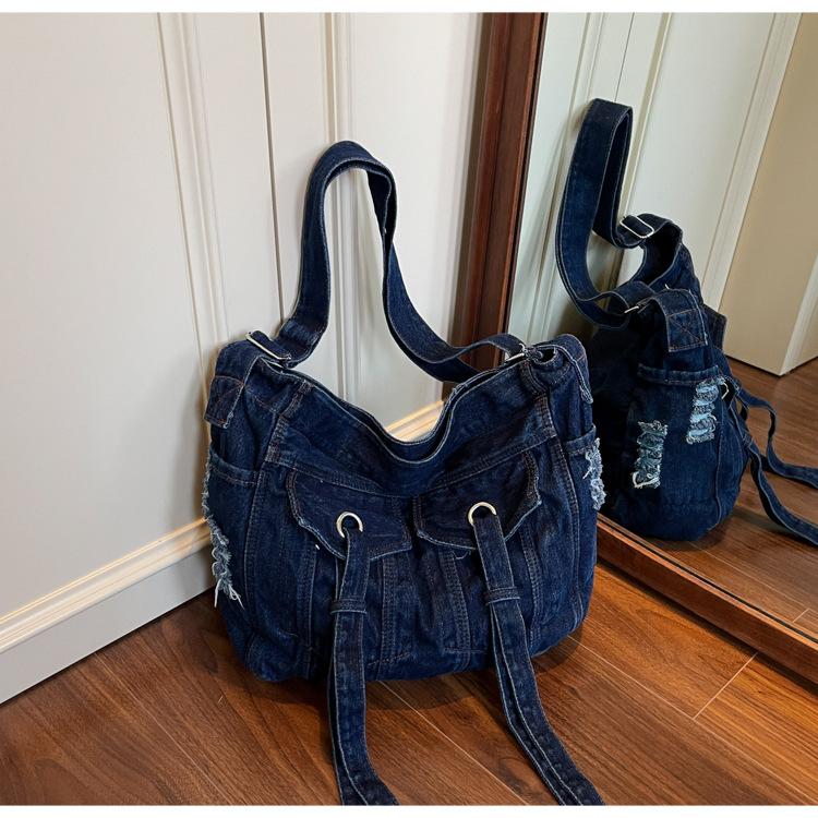 

Модная джинсовая сумка-мессенджер большой вместимости, трендовая универсальная женская сумка через плечо, темпераментная сумка-тоут темно-синий