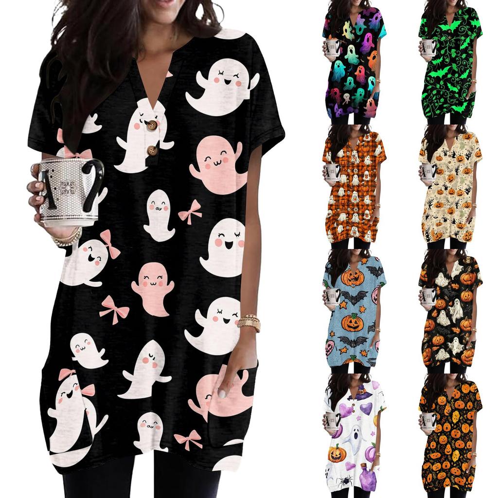 Women V Neck Pullover Top with Halloween Themed Print Short Sleeve Tunic Shirt Casual Loose Fit with Pocket Design
