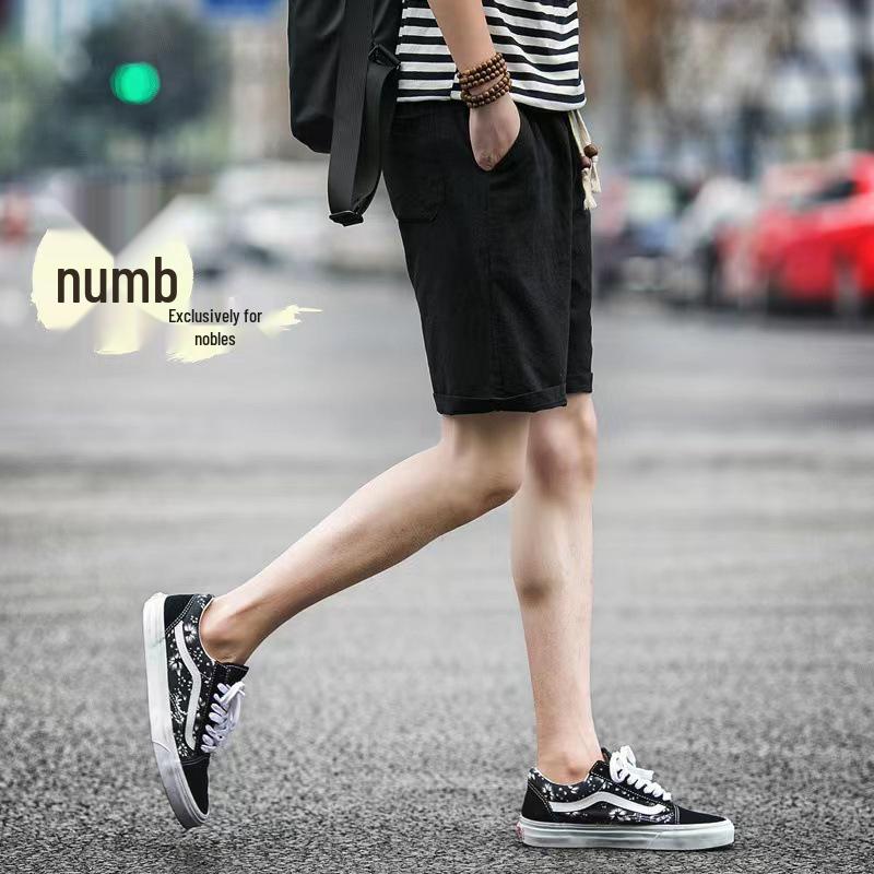 Men's Korean Style Cotton Linen Beach Shorts - Casual Plus Size, Solid Color, Five-Point Design.
