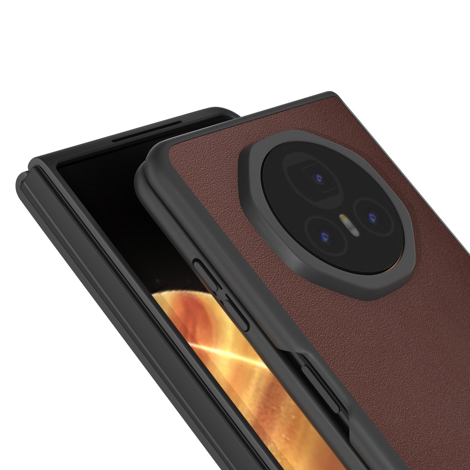 

ABEEL For Honor Magic V3 5G Case Genuine Cow Leather+PC Phone Cover Black Edge Coffee