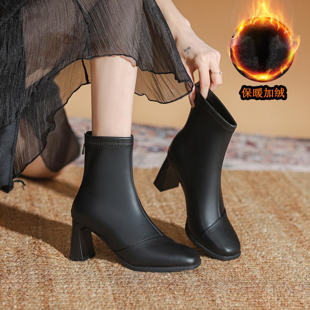 Leather thick heel high heel boots women's autumn and winter velvet new thin boots with skirt white short boots