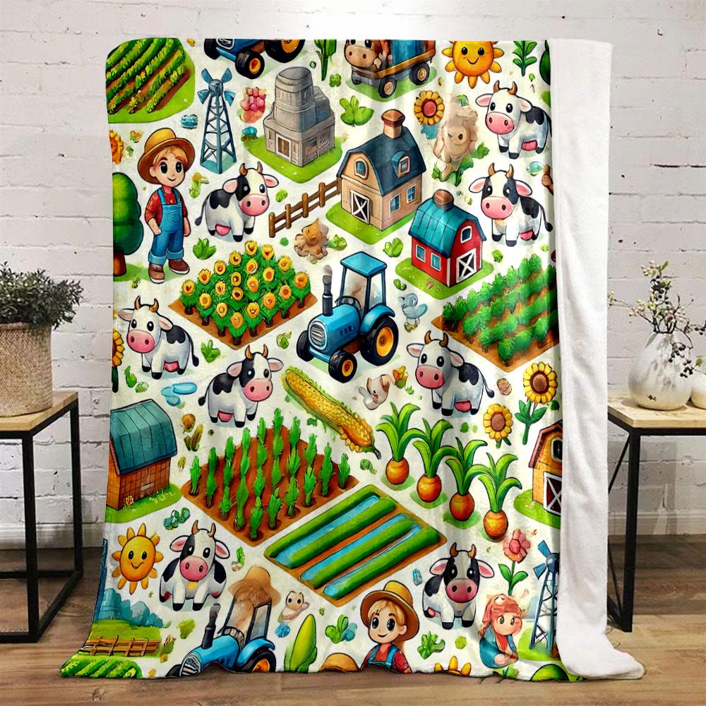 Adorable Farm Themed Blanket with Cows Tractors and Crops Blanket for Livingroom Couch Lunch Break Soft Throw for Friend's Festival Gift